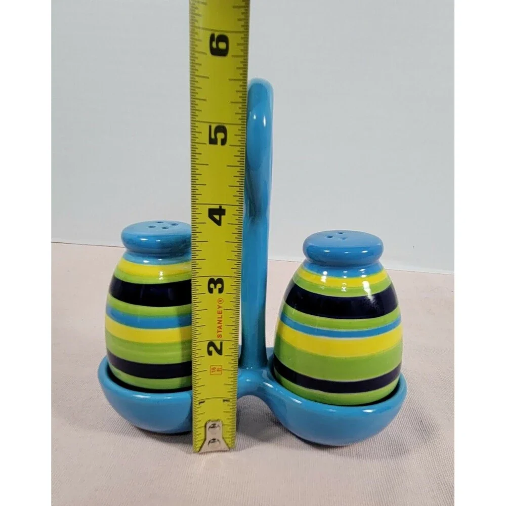 Ceramic Salt & Pepper Shakers with Holder- Blue green yellow multicolor